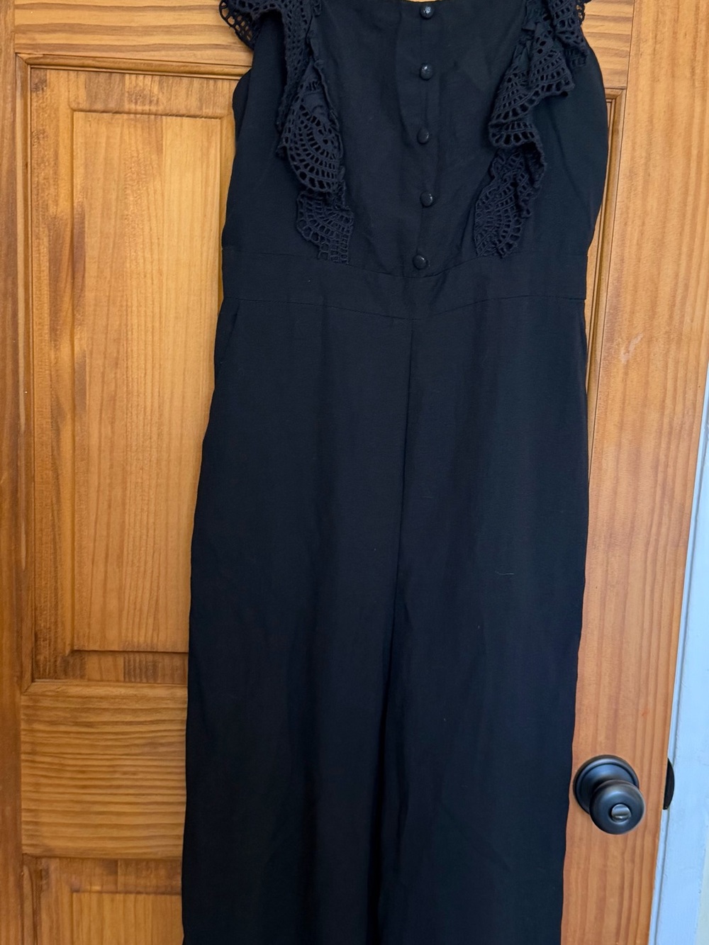 Essue Black Cold Shoulder Crochet Ruffle Wide Leg Jumpsuit